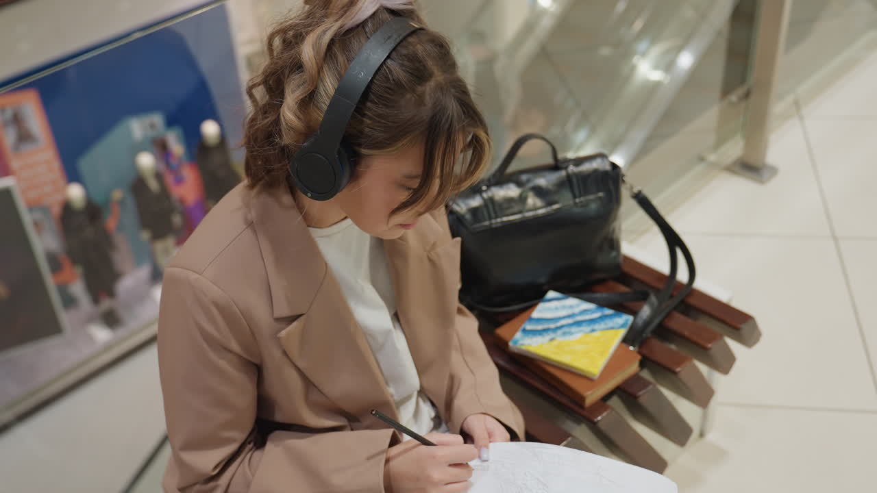 Mujer con auriculares esbozando letras en un cuaderno sobre un suelo de baldosas, sentada en un banco cerca de expositores, con una pila de libros y un bolso negro al lado, primer plano íntimo de la escritura a mano y expresión contemplativa