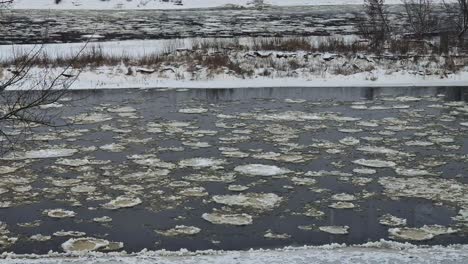 Melting-ice-flowing-in-river-water,-handheld-view