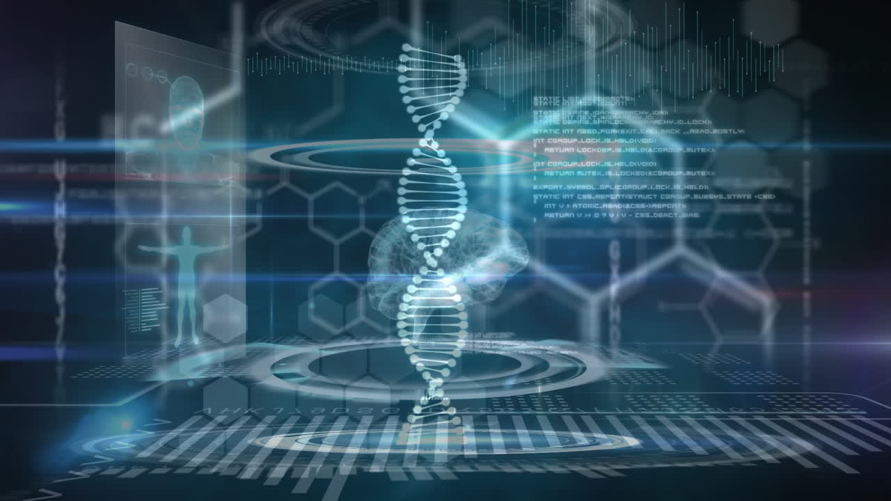 Animation of dna strand spinning over data processing