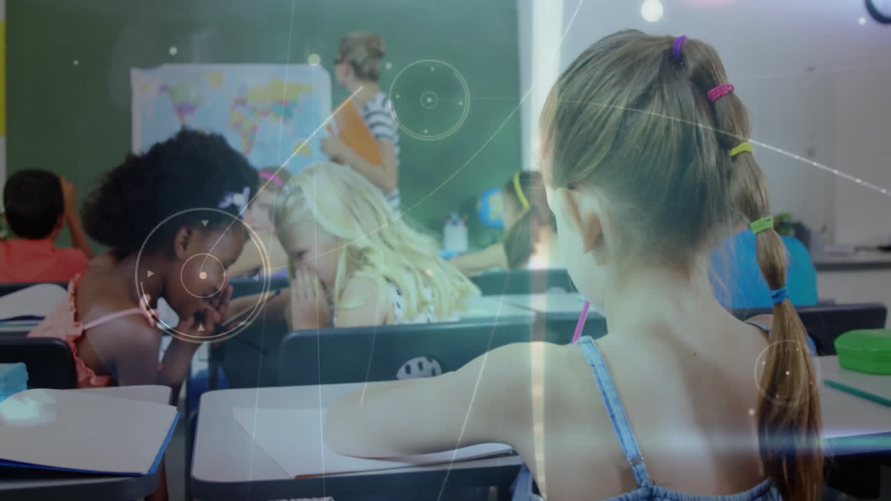 Girl sitting chewing pencil in class, teacher holding orange folder, animated globe icon rotating