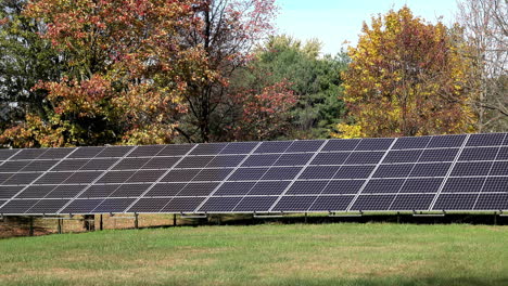 Paneles-Solares-Sobre-Césped-Con-árboles-De-Otoño-En-Segundo-Plano.