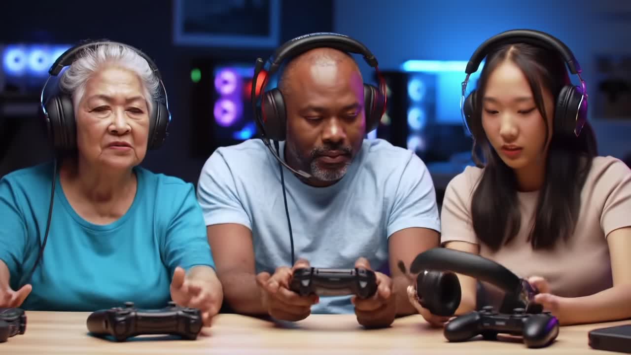 Intergenerational Gaming Experience: A Heartwarming Moment of Bonding Among Three Players Engaged in a Cooperative Video Game Session Highlighting Connectivity and Fun