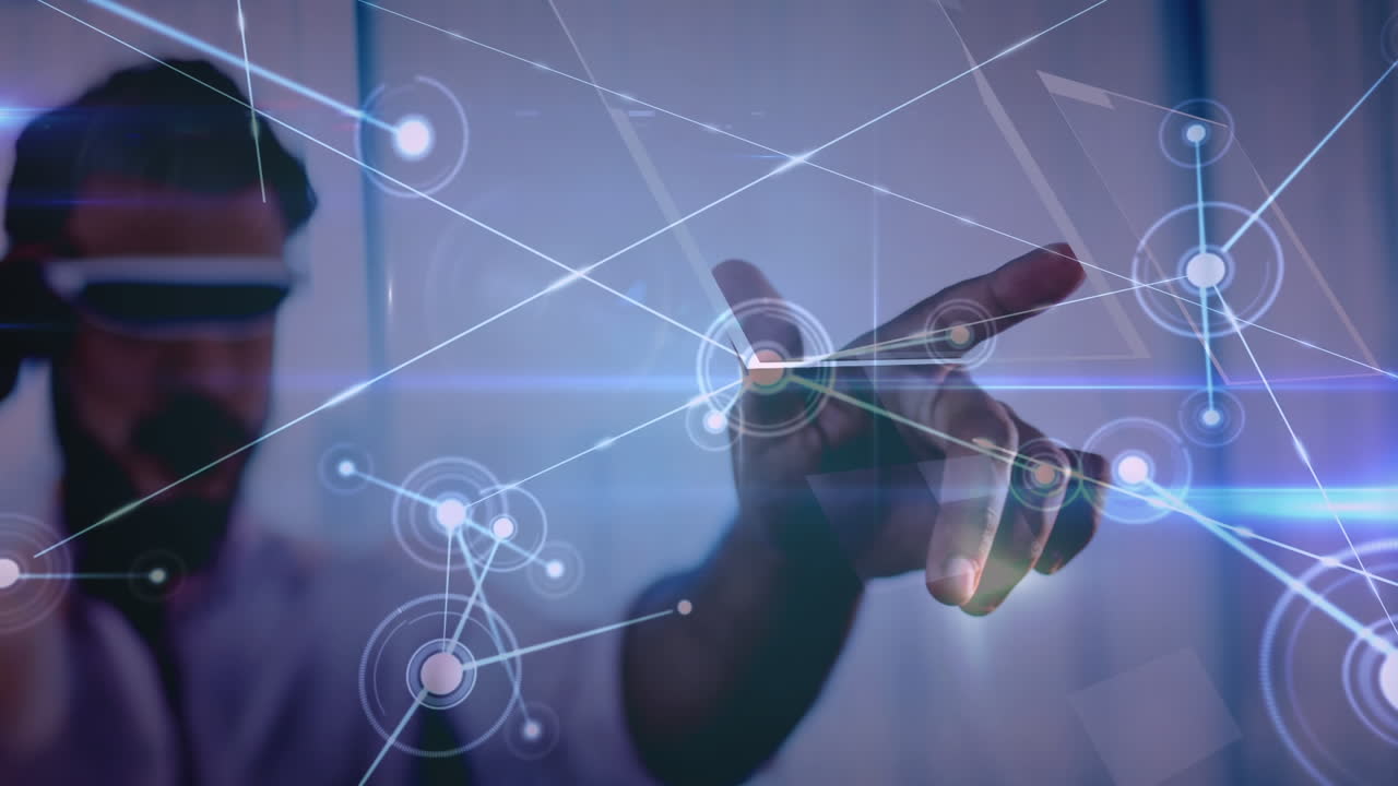 Animation of network of connections over businessman wearing vr headset