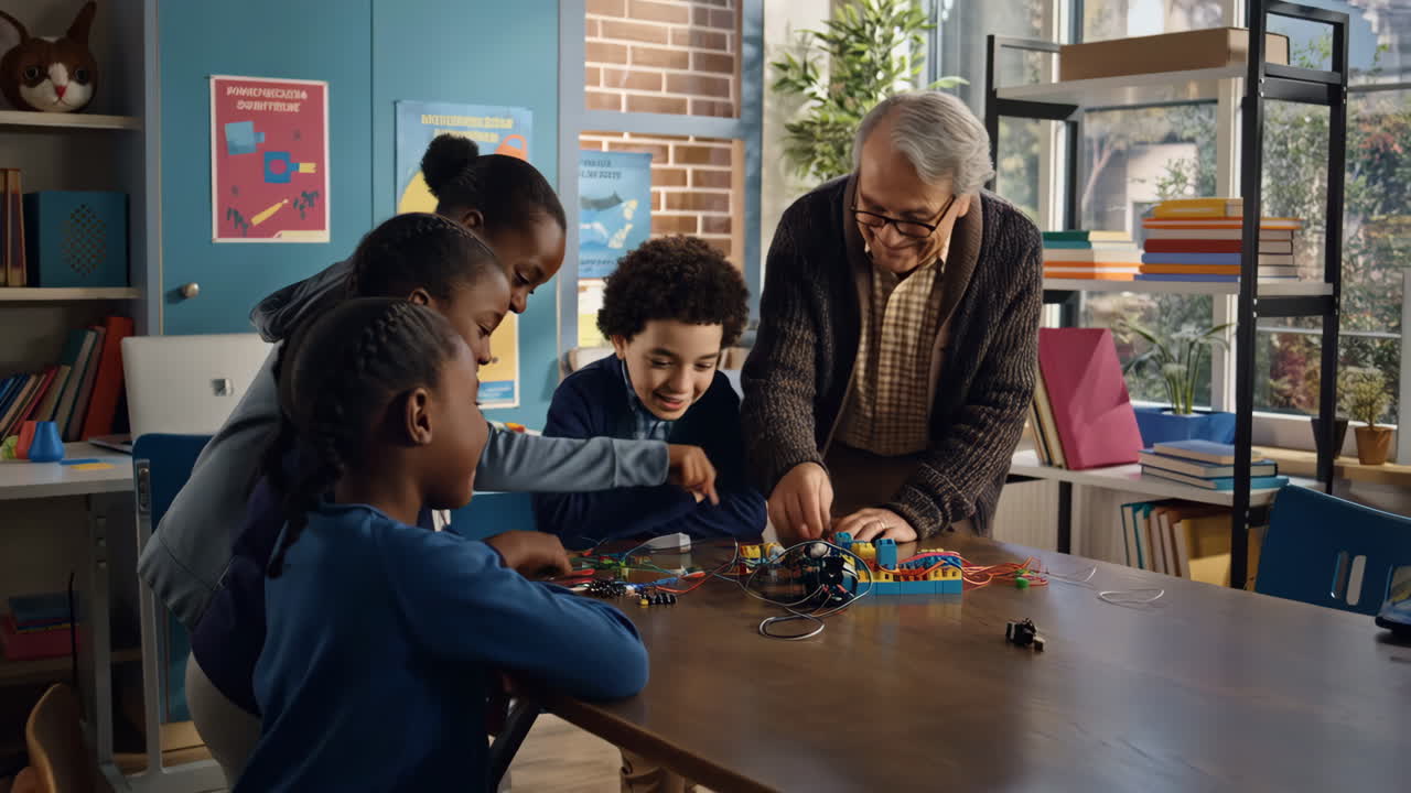 Children and Teacher Engaged in Hands-On STEM Electronics Project