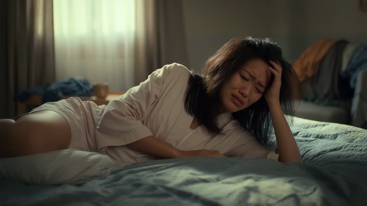 Woman Suffering from a Headache in Bed