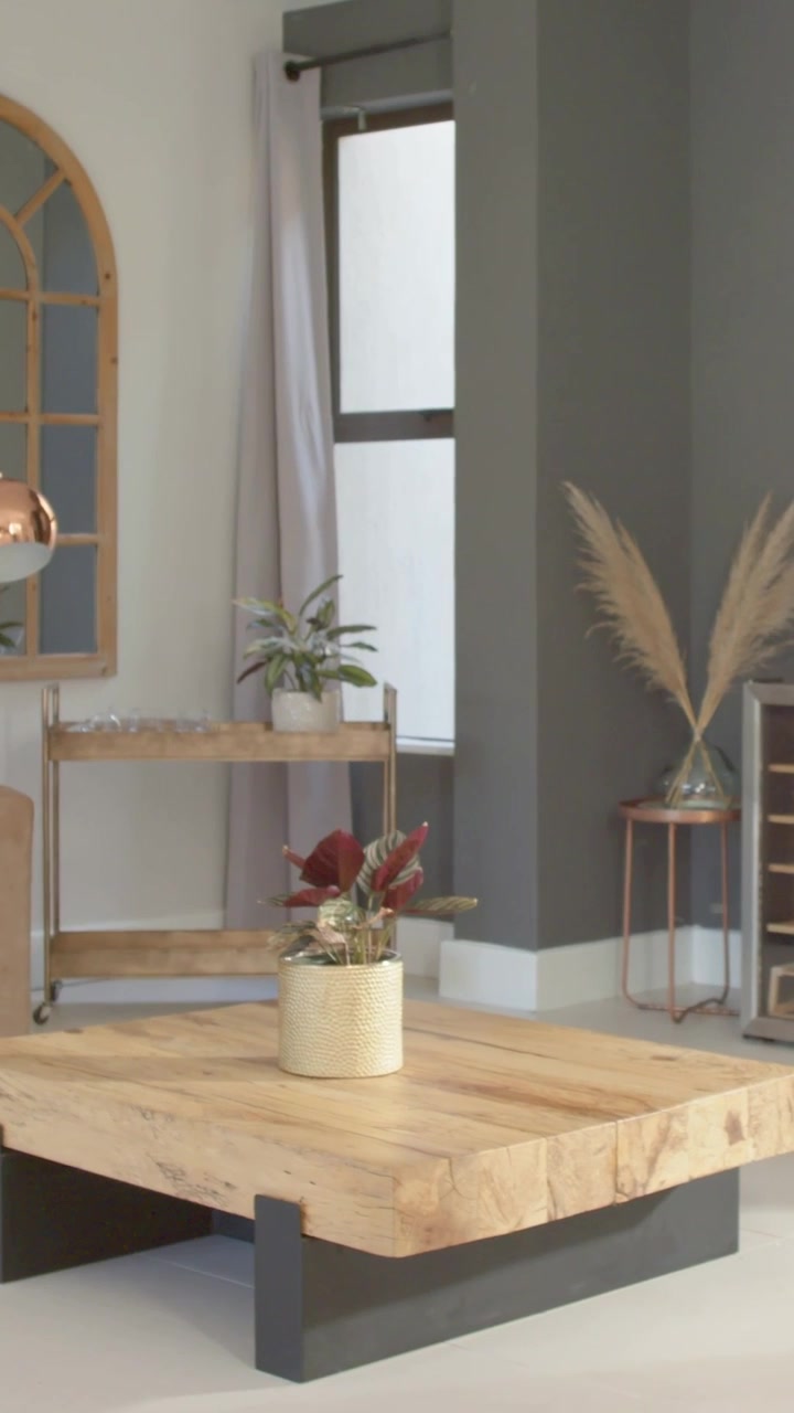 Vidéo verticale : Commençant en plan serré, la caméra s'éloigne à la maison, révélant une table en bois avec une plante rouge