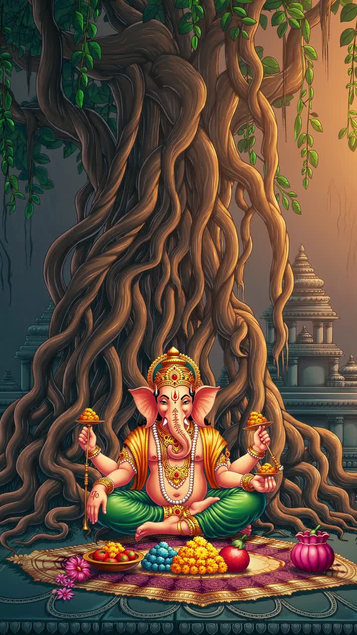 Hindu deity Ganesha sitting peacefully, meditating under banyan tree in stone temple, colorful fruits and flowers surrounding sacred spiritual scene