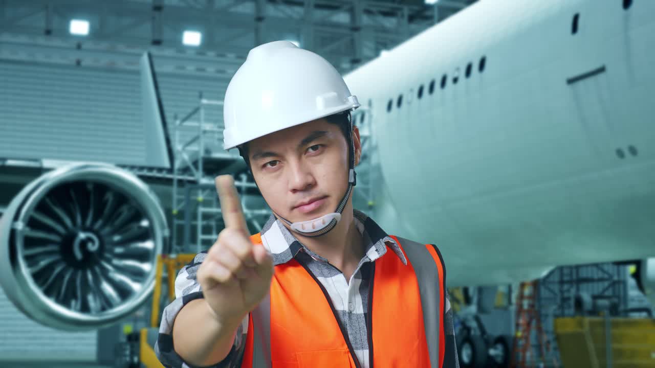 안전 헬을 착용한 아시아 남성 엔지니어가 거에 있는 항공기와 함께 서 있는 동안 지표손가락 표시 없이 불쾌감을 표한다.