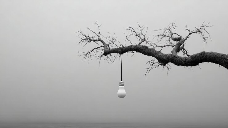 Una lampadina solitaria pende dal ramo nodoso di un albero in un paesaggio nebbioso, creando un netto contrasto tra natura e illuminazione artificiale, evocando un senso di quiete e contemplazione