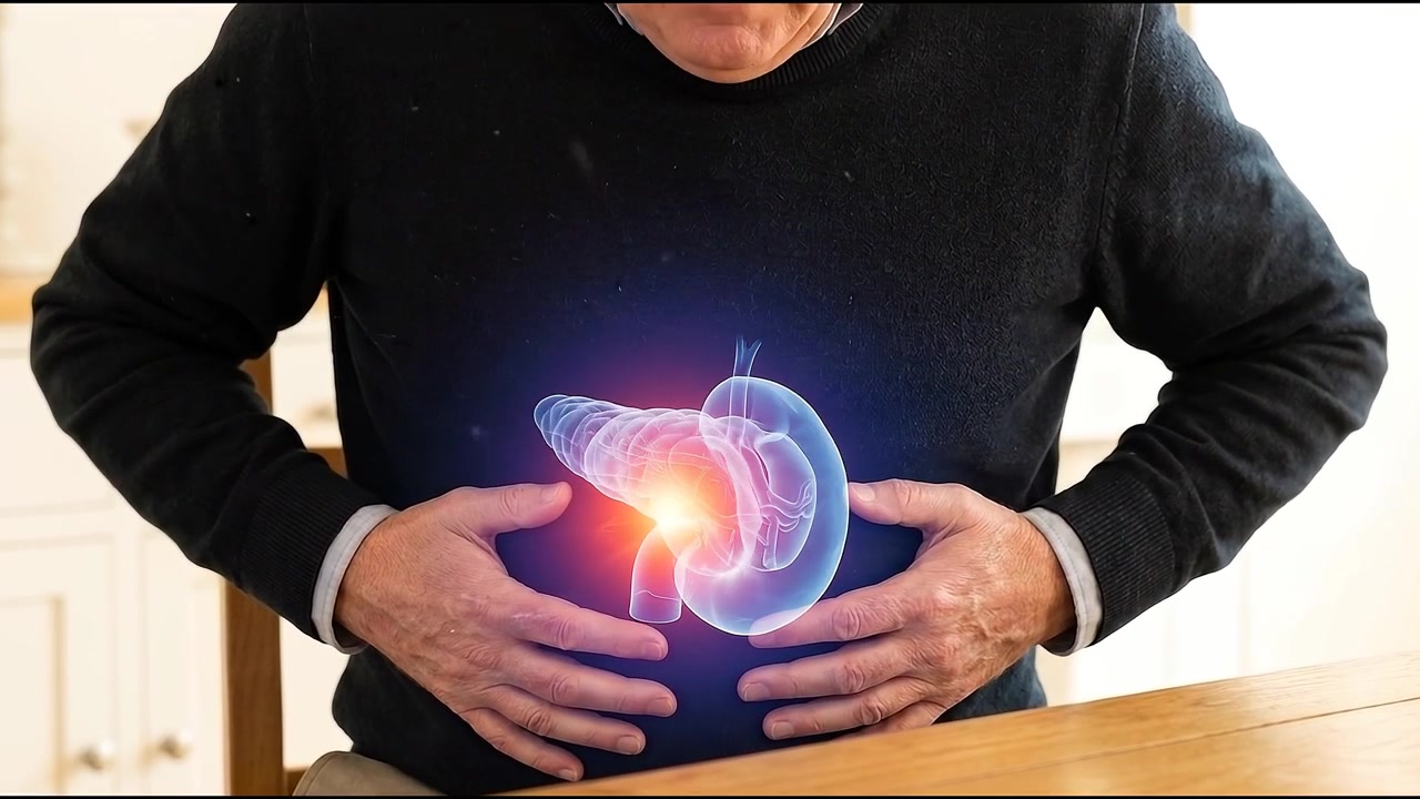 Senior Man Experiencing Abdominal Pain with Pancreas Anatomy Overlay