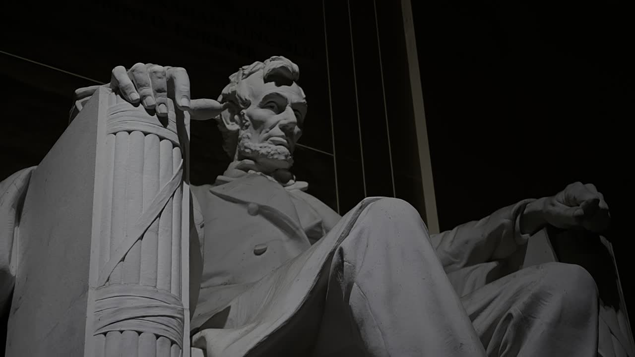 The camera slowly reveals the Lincoln Memorial's profile beginning at the feet and tilting to his face against a dark background as focus pulls.