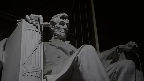 the camera slowly reveals the lincoln memorial's profile beginning at the feet and tilting to his face against a dark background as focus pulls.
