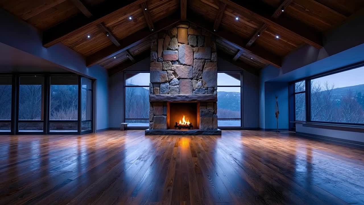 A large living room with a stone fireplace in the middle of it