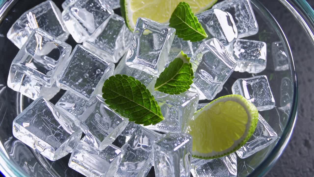 Ice cubes with drops of condensation, decorated with lime slices and mint leaves, are displayed in a glass bowl, creating a refreshing summer image