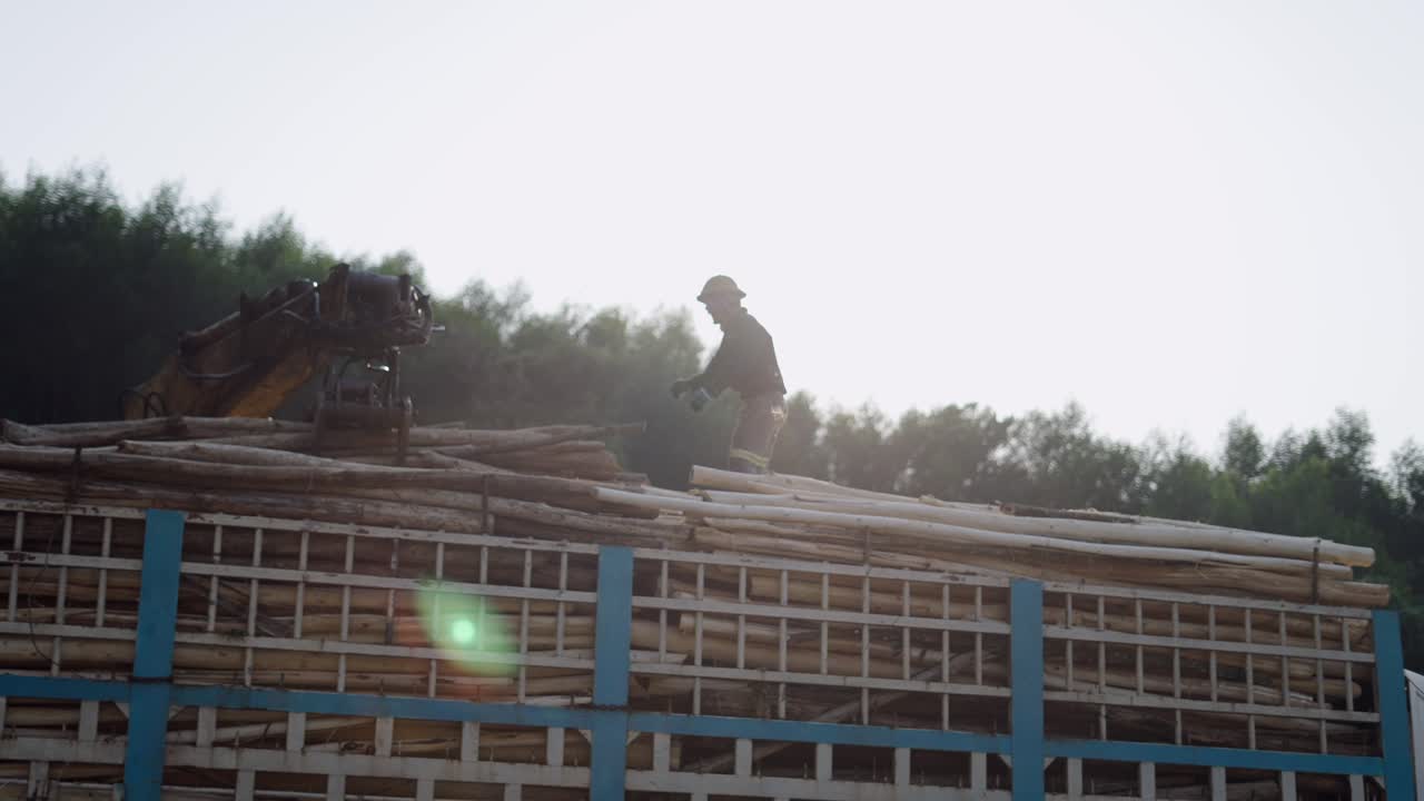 Worker Loading Logs onto Truck