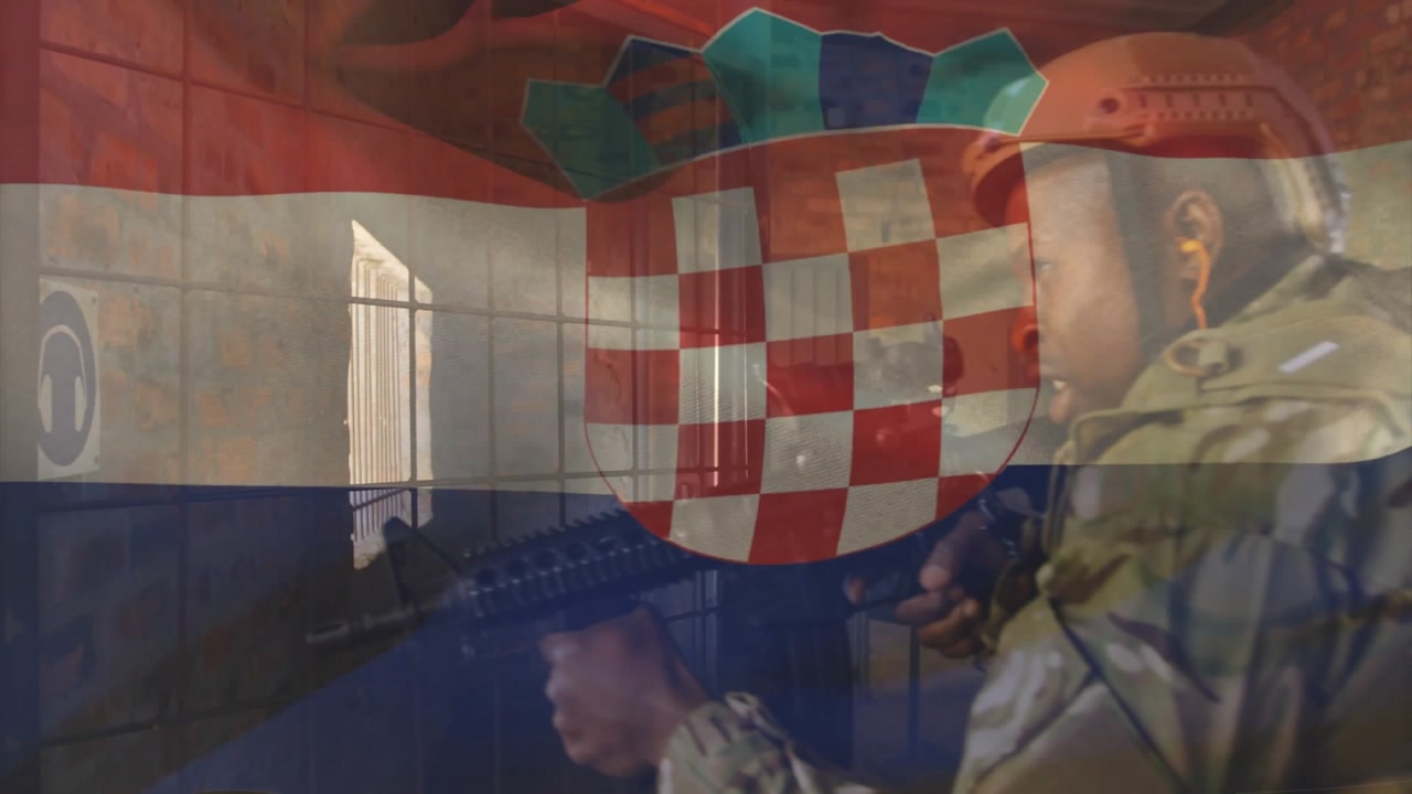 Soldier entering brick cell via metal door, scanning before firing rifle to secure area for defense
