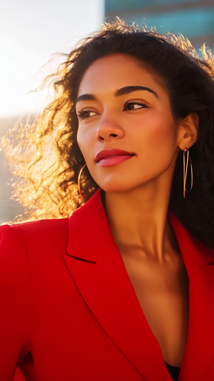 Una donna sicura di sé con un blazer rosso posa su uno sfondo urbano illuminato dal sole, mettendo in mostra bellezza naturale ed eleganza con i suoi capelli ricci e i suoi tratti affascinanti