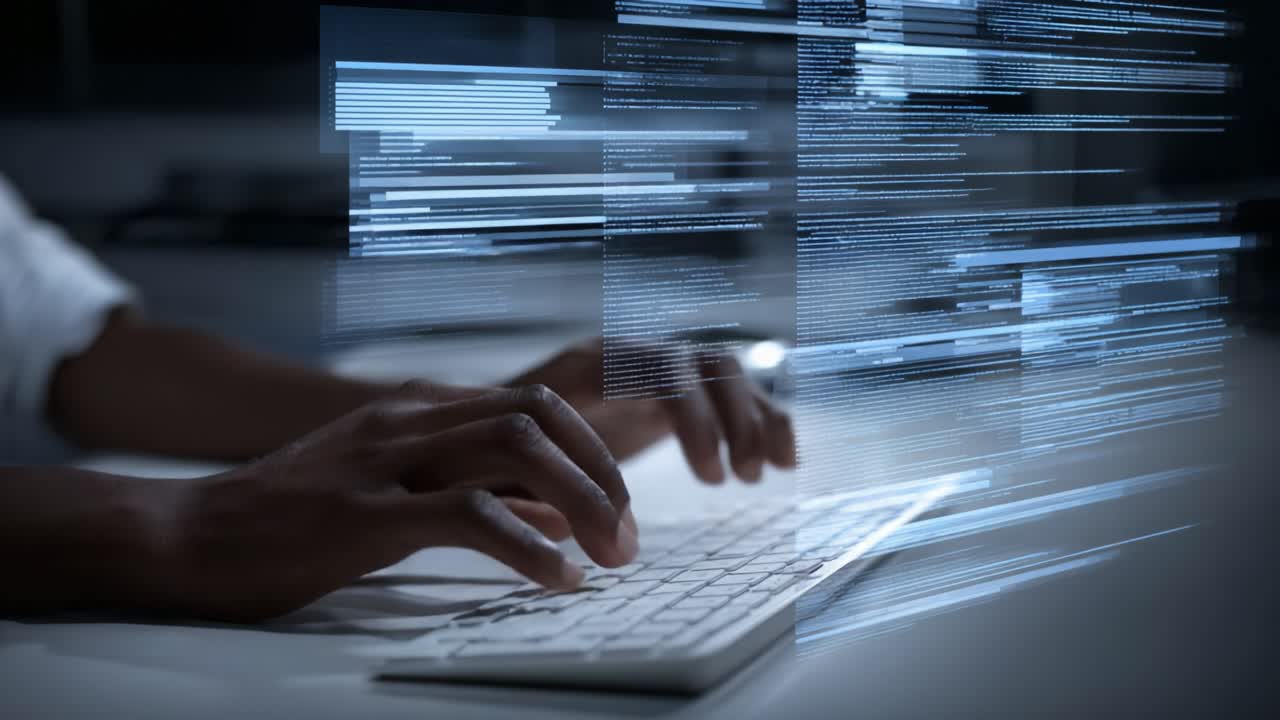 A close-up of hands typing on a keyboard surrounded by digital text and data streams, capturing the essence of coding and the virtual world of technology in a modern workspace