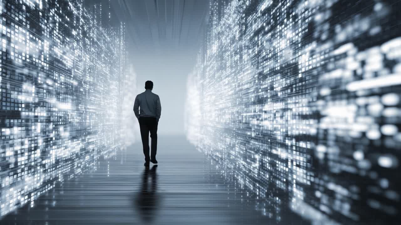 A solitary figure navigates a mesmerizing corridor of digital light, framed by ethereal data streams that illuminate the journey through a futuristic landscape