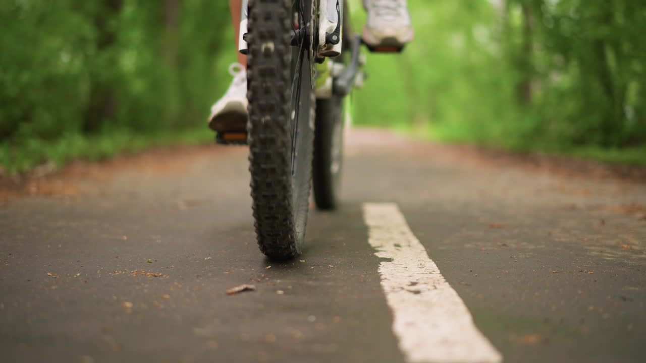 Center Front Wheel On Shaded Trail, White Woman Pedals Steady Through TreeLined Corridor, Even Pavement With Leaf Litter, Focused Cadence And Quiet Natural Atmosphere For Wellness And Travel Visuals