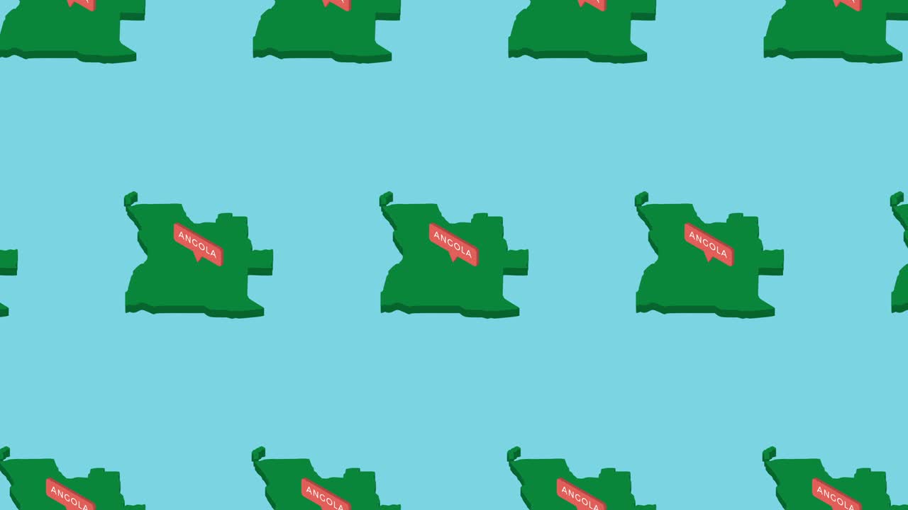 Isometric green map of Angola on a blue background, there is a country with an orange pointer in a pattern. Animation of a travel concept