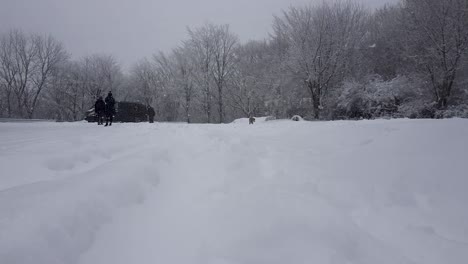 Van-stuck-in-thick-snow-while-passengers-are-worrying-during-heavy-snow-fall-and-fog-in-the-Sabaduri-Forest,-Georgia