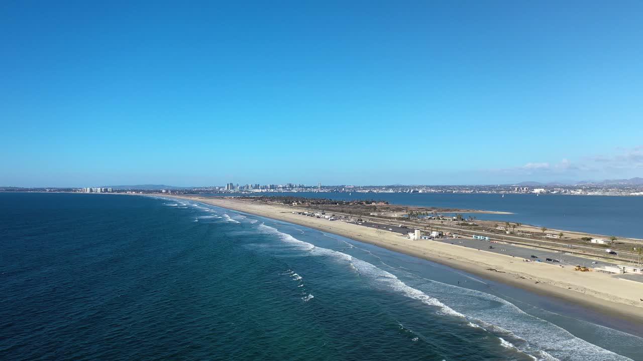 Aerial Drone Shot in 4k of Coronado and San Diego Skylines just before Sunset - November 2022
