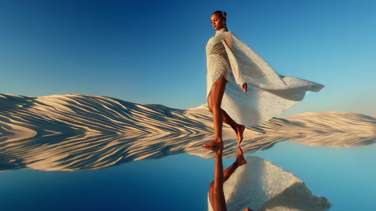 A graceful figure walks along a shimmering water surface, reflecting the beauty of a serene landscape with soft waves of sand under a bright blue sky, creating a mesmerizing visual experience