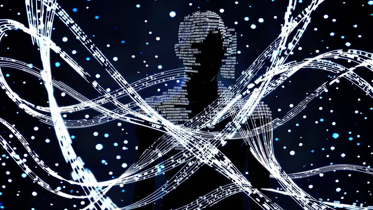 Silhouette of a person surrounded by digital music notes and binary code, viewed from a front angle