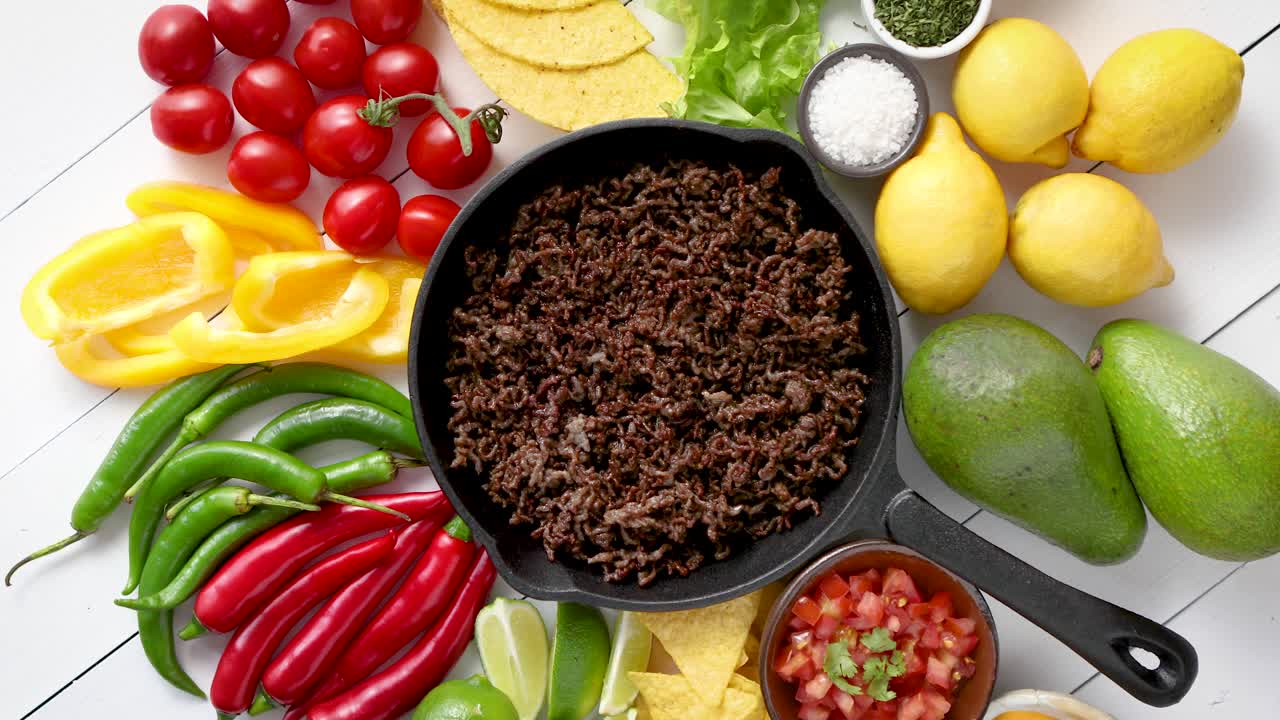 ingredientes para chili con carne en una sartén de hierro sobre una mesa de madera blanca