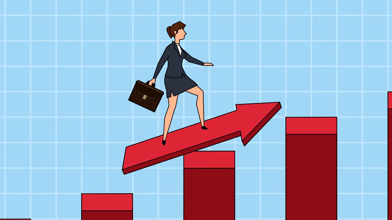 personaje de mujer de negocios de dibujos animados plana con bolsa de maletín volar en la flecha roja animación de concepto exitoso