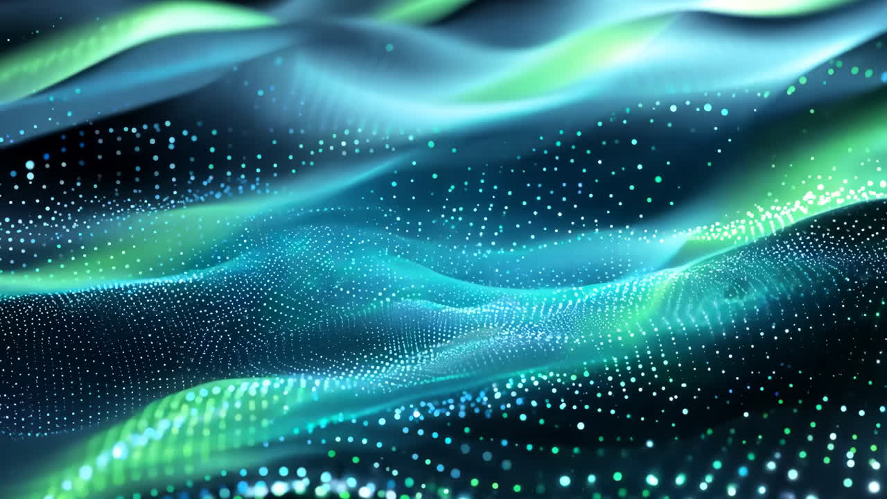 A colorful, abstract image of a wave with green and blue colors. The image has a futuristic and artistic vibe