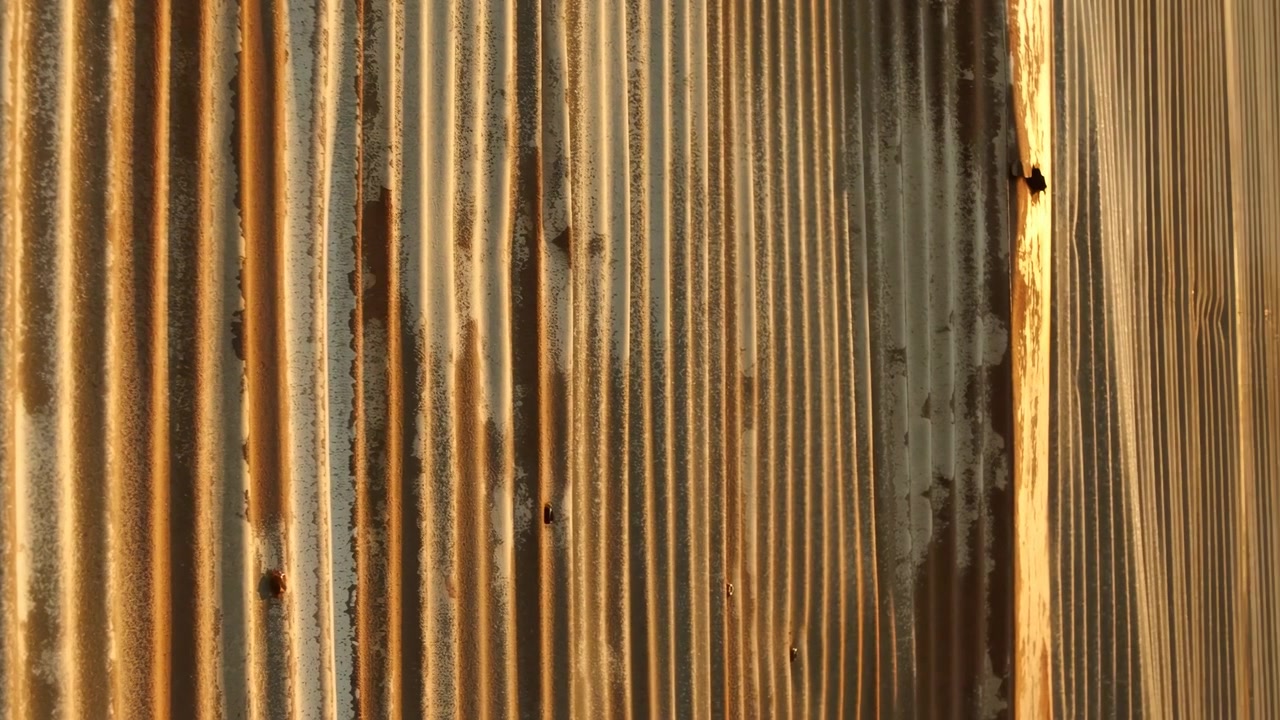 Nahaufnahme einer rostigen Wellblechwand, die das Bild ausfüllt, mit dem hellsten vertikalen Streifen nahe dem rechten Rand und warmem Sonnenlicht, das Rillen und Flecken betont.