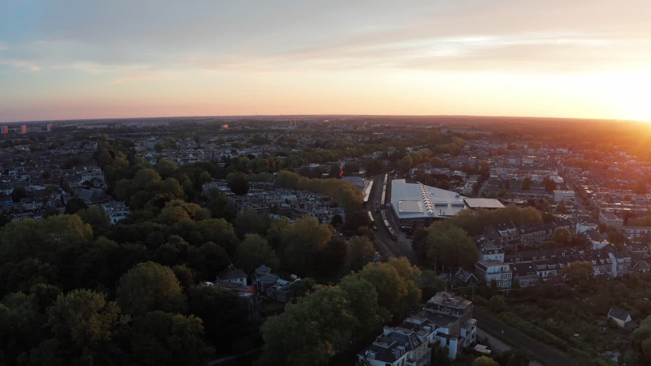 Aerial Over Utrecht During Golden Hour. Follow Shot