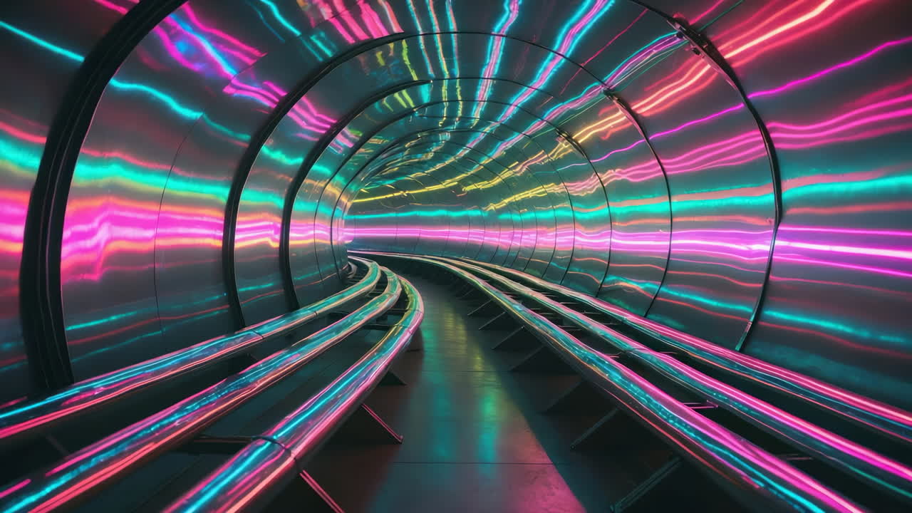 Futuristic Neon Lit Tunnel with Glowing Tracks