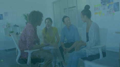 animation of multiple graphs, trading board over diverse coworkers discussing and giving high five