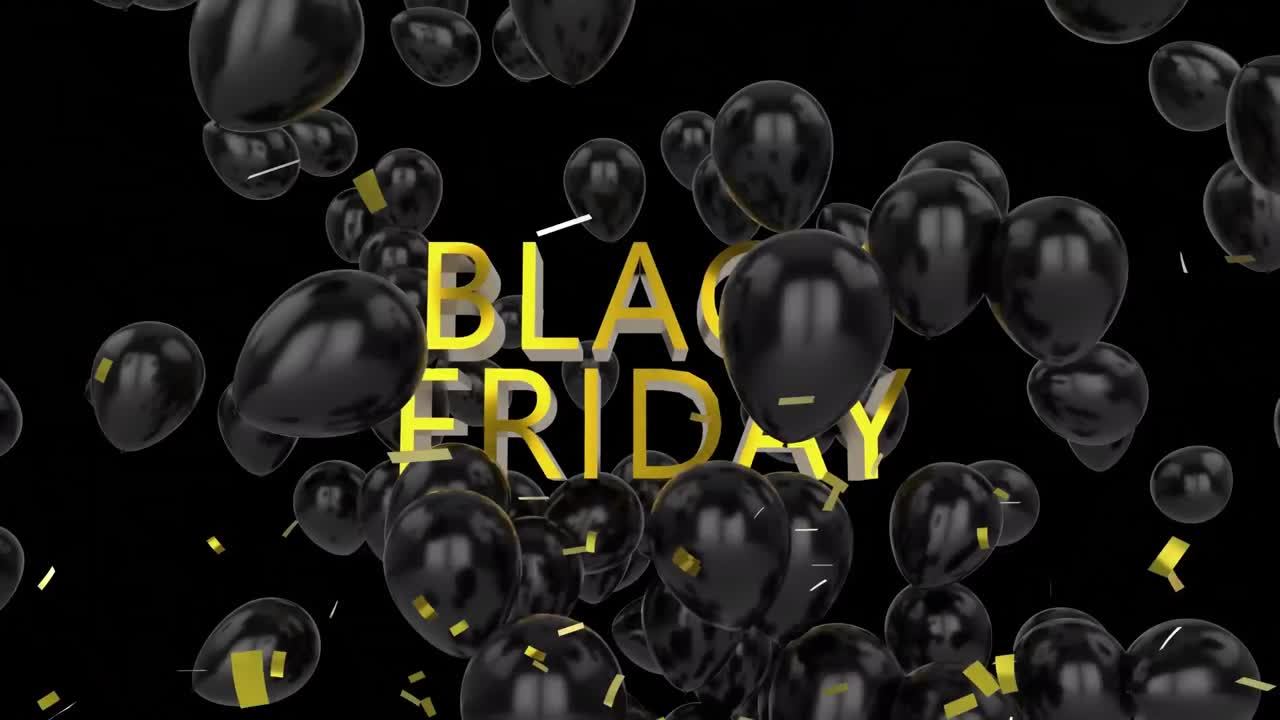 animación de las palabras viernes negro en oro con globos negros en ascenso y confeti dorado en negro