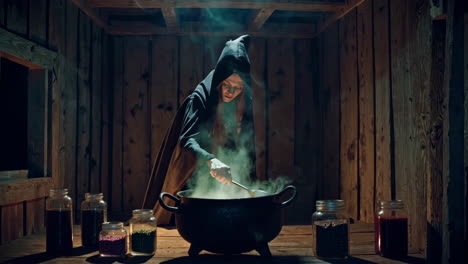 una bruja preparando una poción en una cabaña de madera