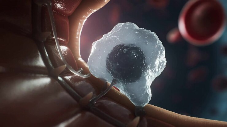Adhering to mesh bluish immune cell probing blood vessel wall and squeezing through opening