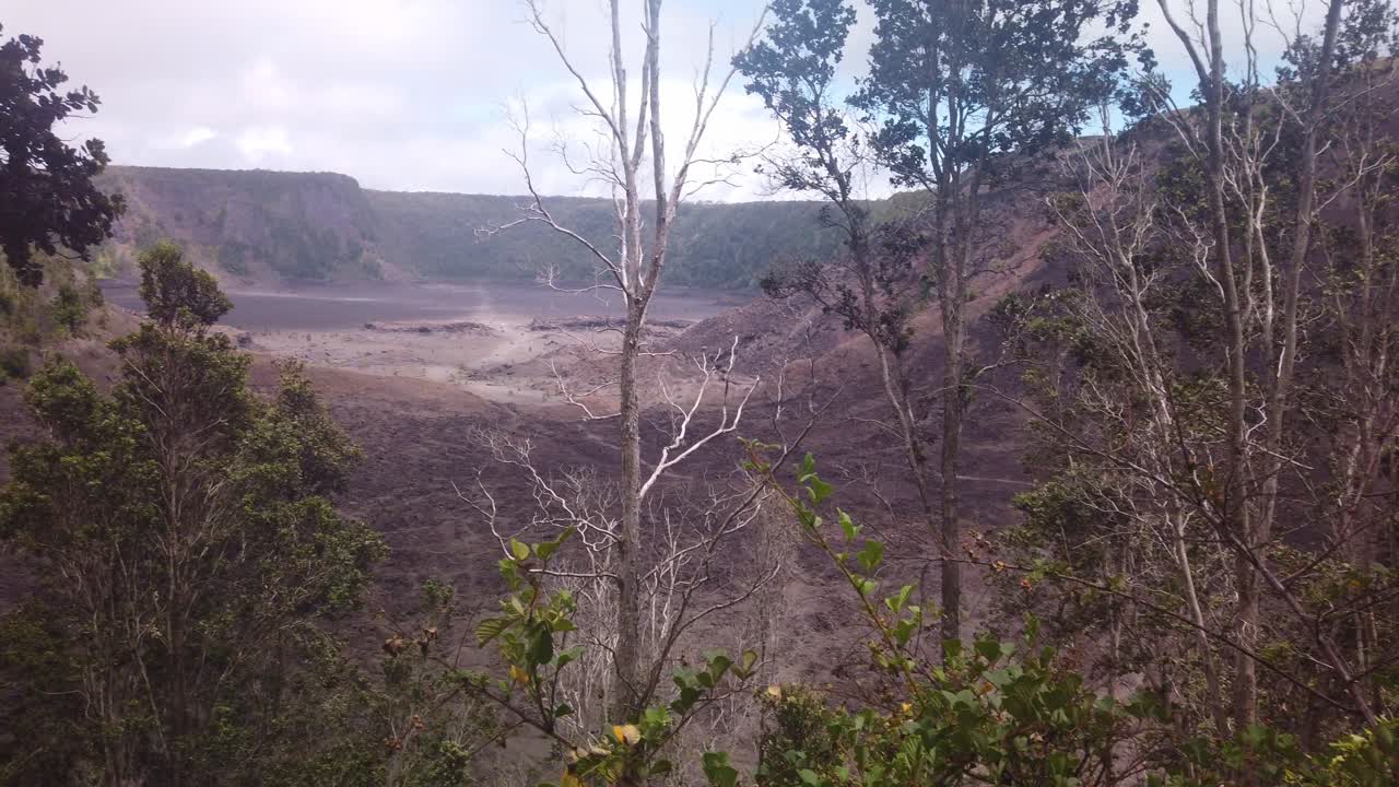 Gimbal panning shot of the Kilauea Iki dry lava lake bed in Hawai'i Volcanoes National Park
