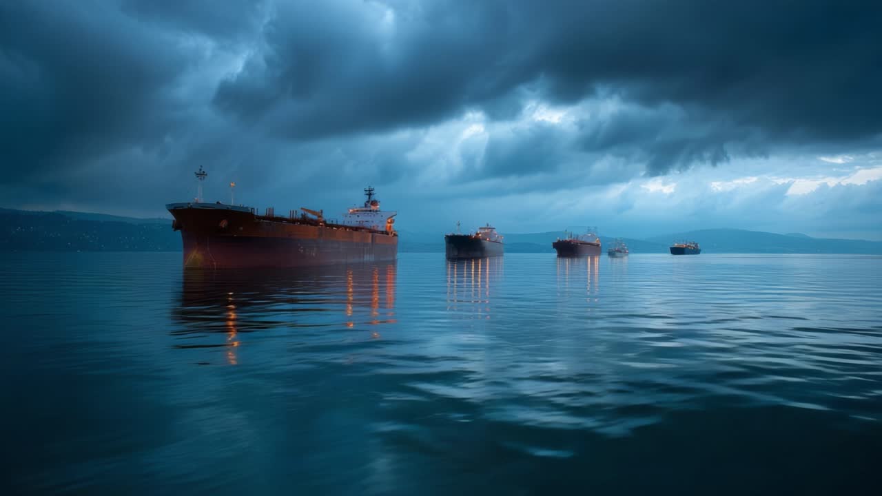 Nuvole scure e tempestose incombono su un mare calmo. Grandi navi da carico galleggiano silenziosamente in fila. L'acqua riflette il debole bagliore rosso delle imbarcazioni. La scena evoca mistero, solitudine e condizioni meteorologiche imminenti.