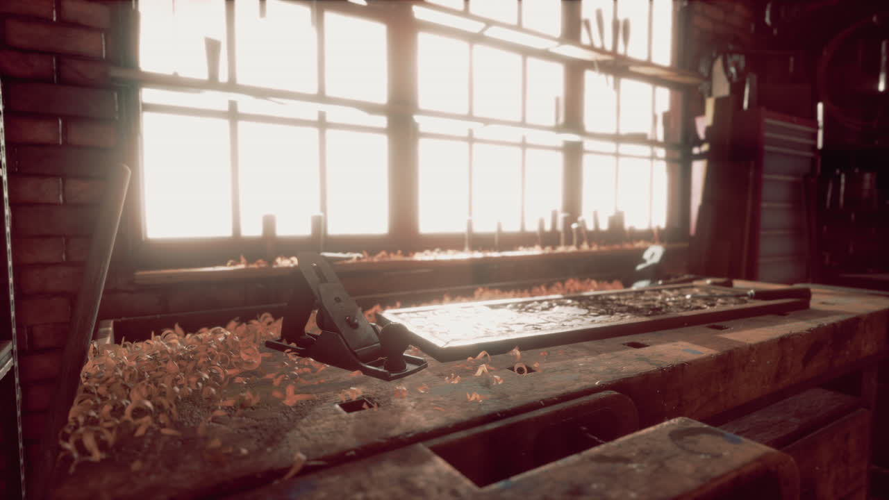 나무 평면과 질을 가진 시골 목공 작업실