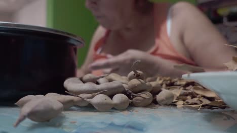 woman is engaged in the traditional task of peeling tamarinds