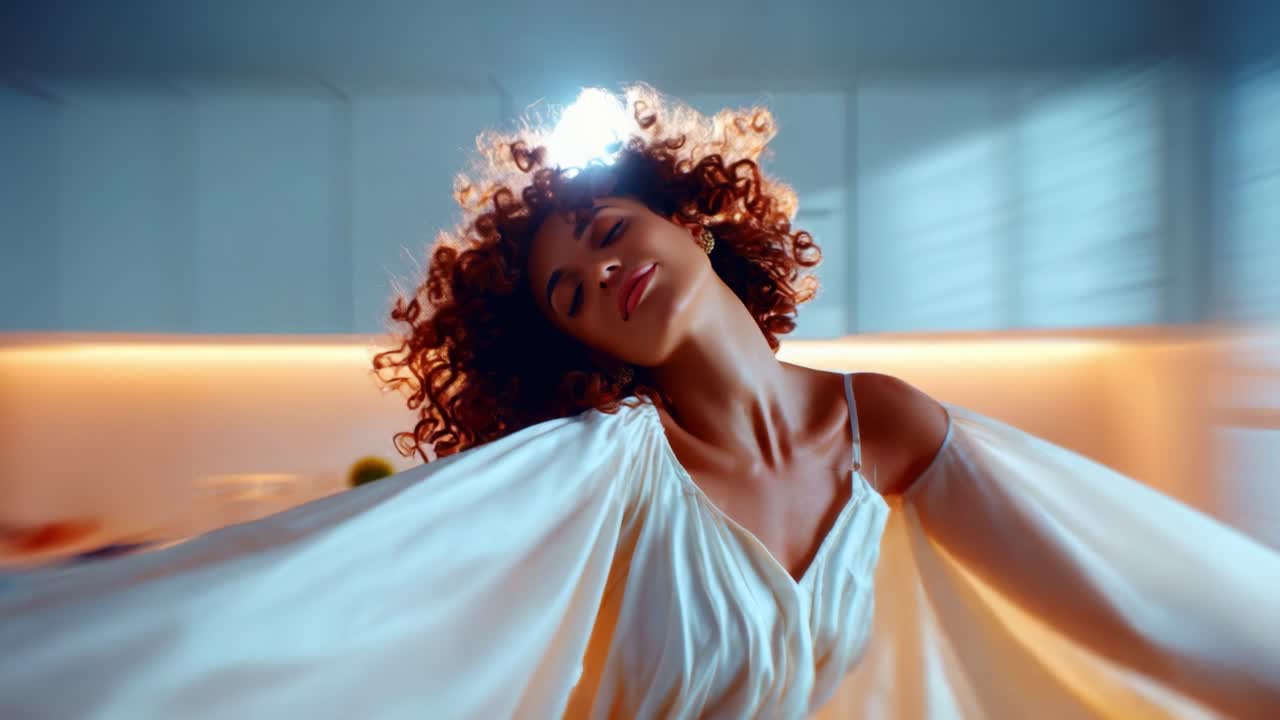 Una donna bellissima con capelli ricci e frizzanti che danza liberamente in una cucina luminosa e moderna, esprimendo gioia e libertà attraverso i suoi movimenti aggraziati e le sue emozioni