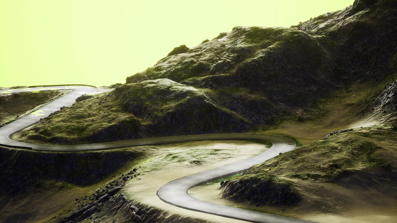 Winding road through rugged mountains under a golden sky at twilight