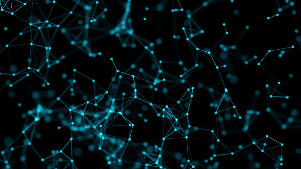 animación 3d de formas abstractas de plexo azul claro sobre fondo negro. puntos en movimiento continuo y líneas conectadas. 60 fps