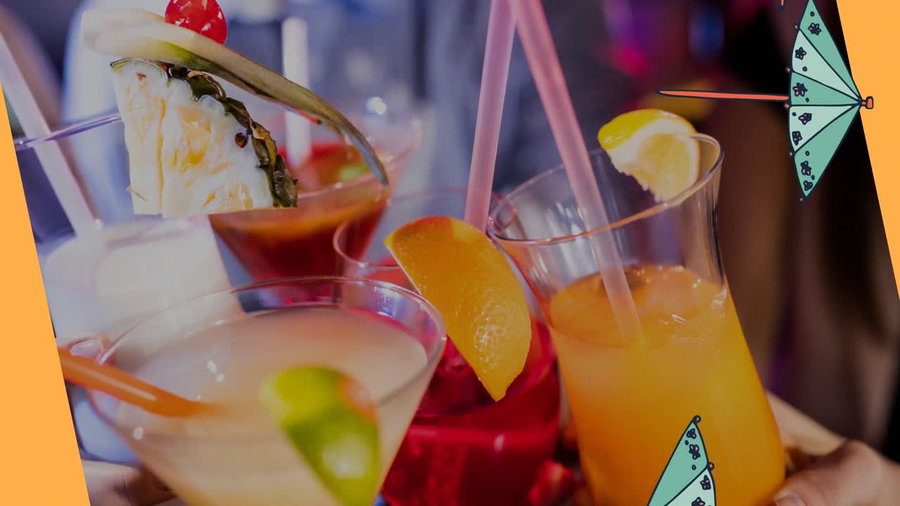 파란색  ⁇ 테일 우산 이 배경 에 여러  ⁇ 테일 을 들고 있는 사람 들 위 에 떨어지는 애니메이션