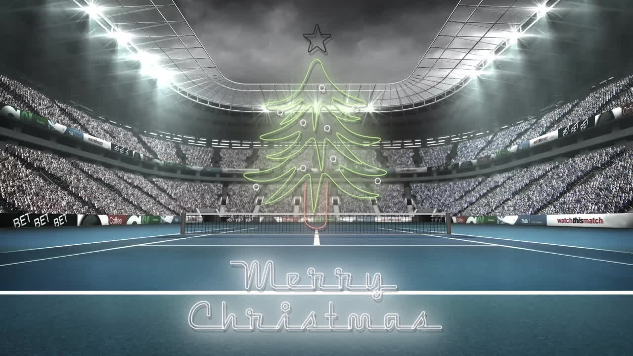 Glowing Christmas tree with Merry Christmas text on tennis court animation