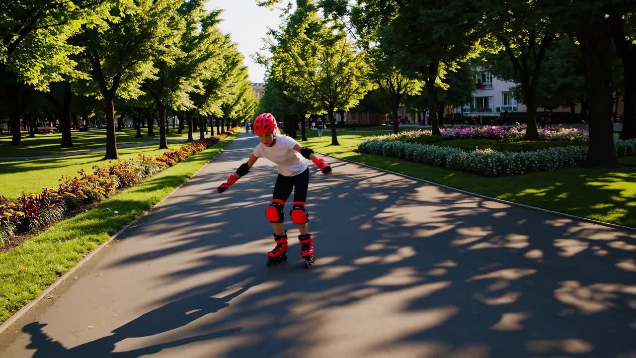 A dynamic video still of a person rollerblading in a sunlit park