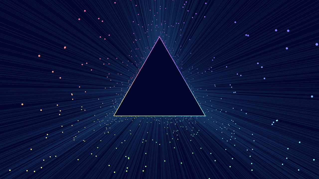 A vibrant image showing a black and blue triangle composed of colorful dots, illuminated by a bright light at the top, creating a captivating and radiant visual display